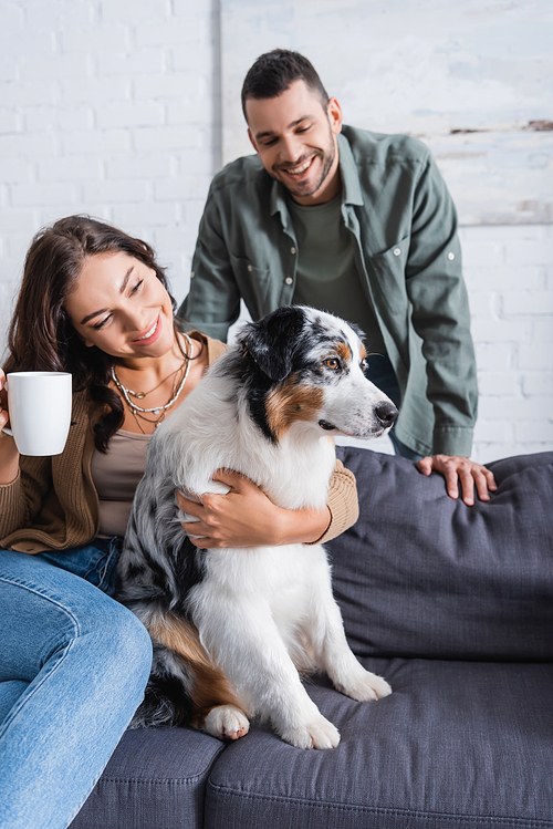 smiling young woman cuddling australian shepherd dog and holding cup near bearded boyfriend