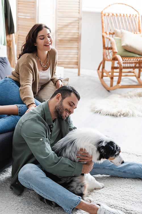 happy bearded man cuddling australian shepherd dog near joyful girlfriend on sofa