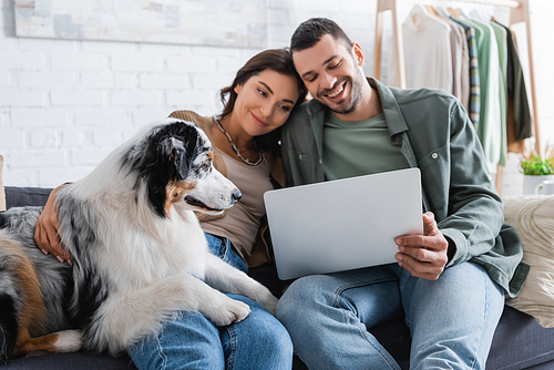 positive young couple watching movie on laptop near australian shepherd dog