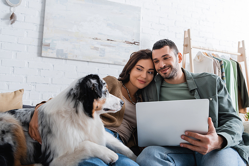 pleased young couple looking at australian shepherd dog near laptop