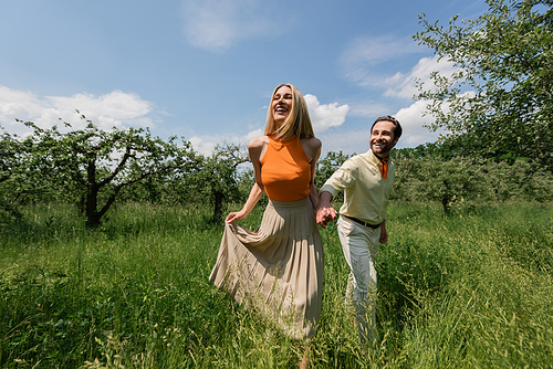 Cheerful woman holding hand of boyfriend on lawn in park