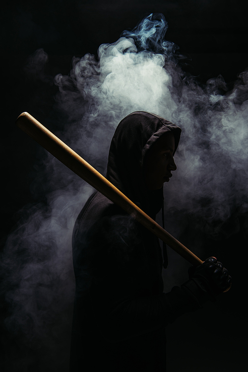Side view of silhouette of hooligan with baseball bat on black background with smoke