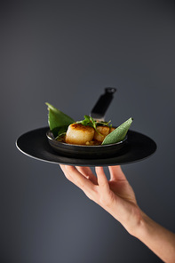 cropped view of woman holding plate with delicious grilled scallops on black background