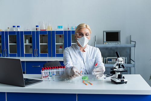 Scientist in protective mask holding syringes near flask and test tubes in lab
