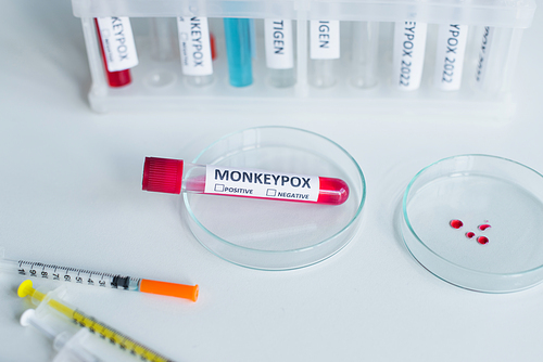 Top view of test tube with monkeypox lettering on petri dish in lab