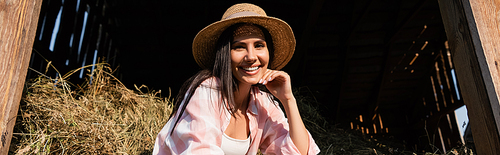 cheerful woman in straw hat looking at camera near haystack in barn, banner