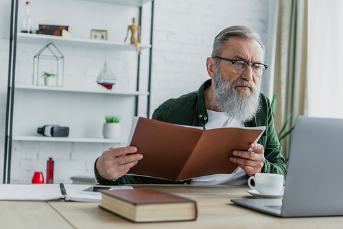bearded senior man in eyeglasses holding folder and looking at laptop on desk