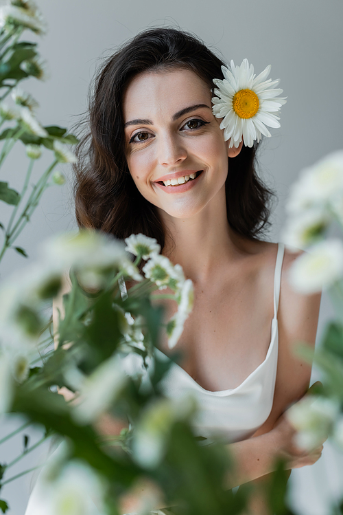 Positive model in white top smiling at camera near blurred chamomiles isolated on grey