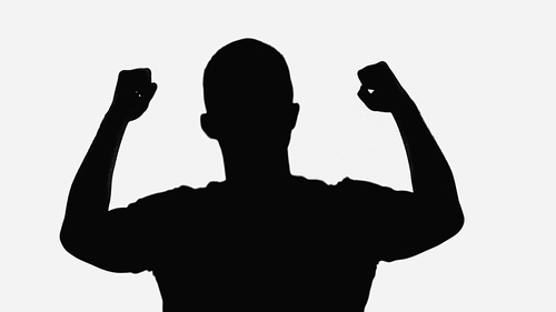 black shadow of man showing win gesture isolated on white