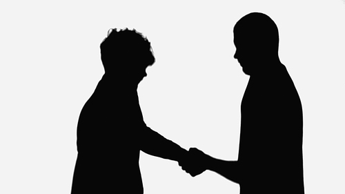 black silhouettes of businessmen shaking hands isolated on white