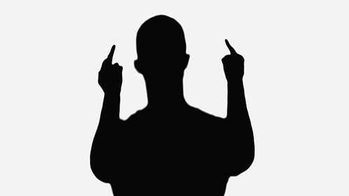 silhouette of rude man showing middle fingers isolated on white