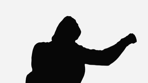 black silhouette of boxer in hood training isolated on white