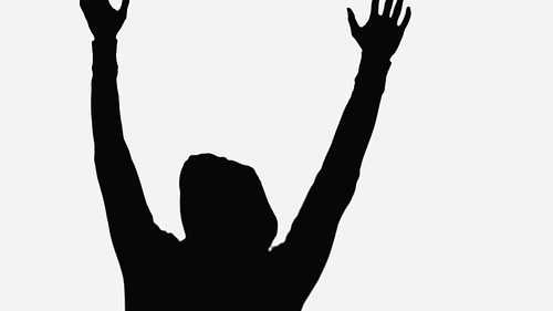 black silhouette of criminal man with hands up isolated on white