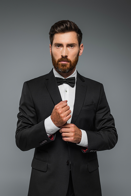 bearded man in black tuxedo with bow tie adjusting sleeve on shirt isolated on grey