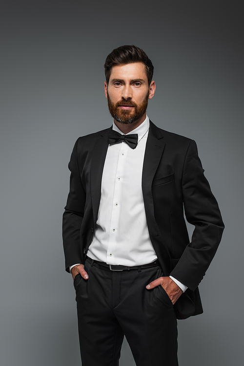 bearded man in elegant tuxedo with bow tie posing with hands in pockets isolated on grey