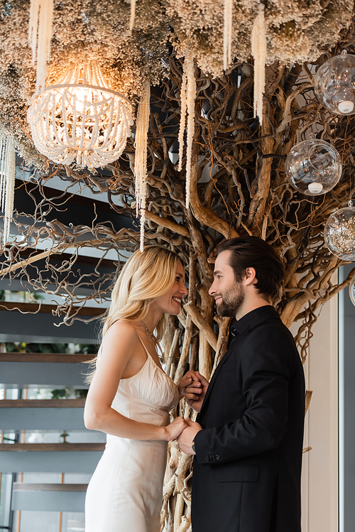 Side view of smiling elegant couple holding hands near decorative tree in restaurant
