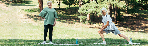 full length of senior man with grey hair smiling and doing lunges on fitness mat near wife in park, banner