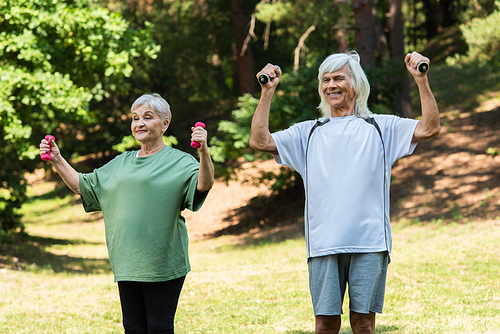 cheerful senior couple in sportswear exercising with dumbbells in green park