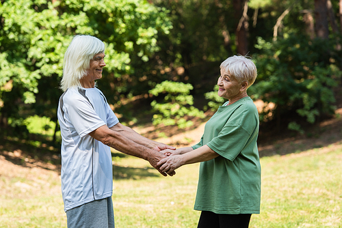 cheerful senior couple in sportswear holding hands in green park