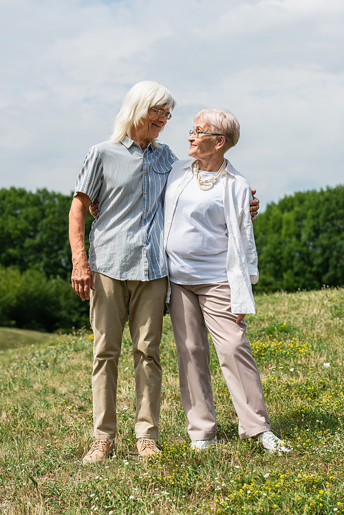 full length of happy senior husband and wife with grey hair standing and hugging on green hill in summer