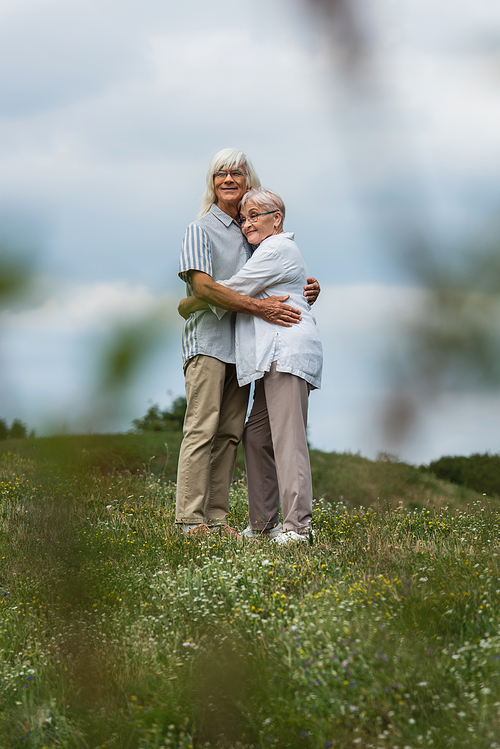 happy senior husband and wife with grey hair hugging on green hill with blurred foreground