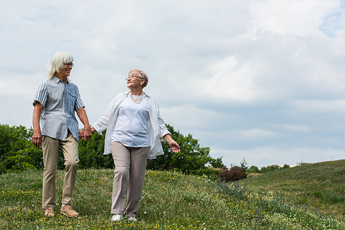 full length of happy senior couple in glasses holding hands and walking on green hill in summer