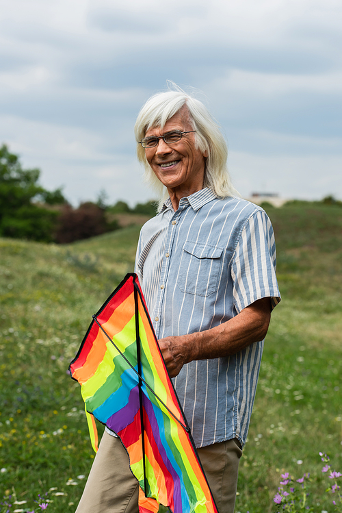 happy senior man in glasses holding kite and standing on green hill