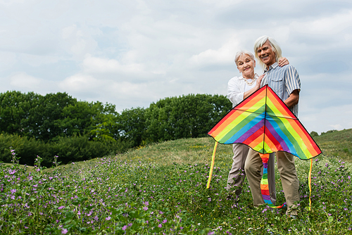 happy senior woman in casual clothes hugging husband in glasses standing with kite on green hill