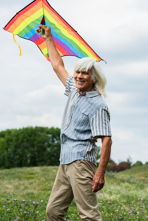 happy senior man in casual clothes holding kite and standing on green hill