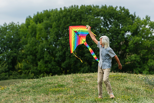 full length of happy senior man in casual clothes playing with kite on green hill