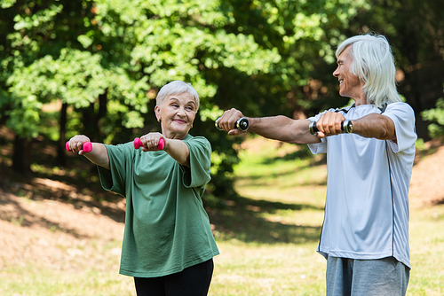 positive retired couple in sportswear exercising with dumbbells in green park