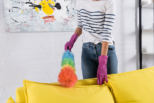 Cropped view of woman cleaning couch with dust brush