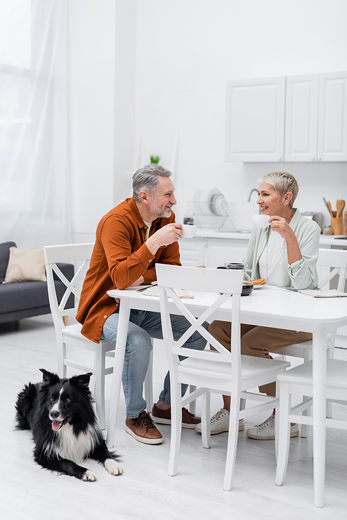 Smiling couple holding cups of coffee near breakfast and border collie in kitchen