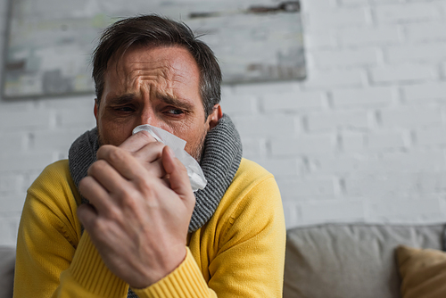 sick man in warm scarf suffering from rhinitis and holding paper napkin near face