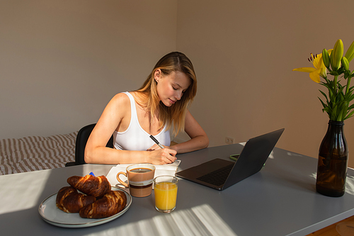 Freelancer writing on notebook near breakfast with drinks and gadgets at home
