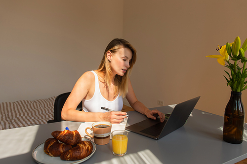 Young freelancer using laptop and notebook near breakfast with drinks at home