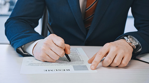 cropped view of businessman filling in resume before job interview in office