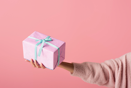 cropped view of young woman holding wrapped gift box isolated on pink