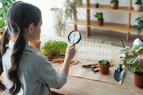 Girl holding magnifying glass near plants and test tubes at home