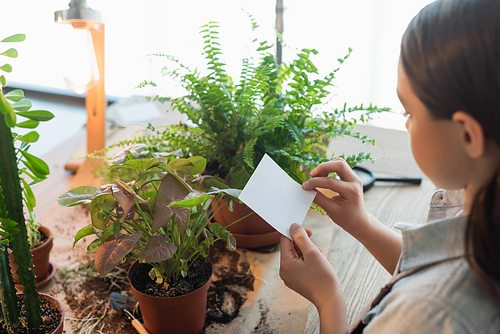Child holding sticky note near plants and soil on table at home