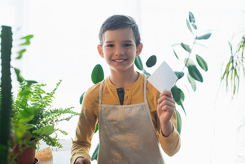 Positive boy in apron holding empty sticky note near plants at home