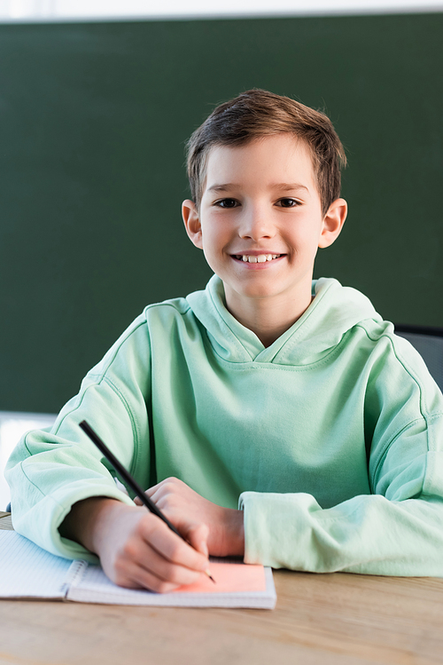 happy schoolboy writing in notebook and looking at camera in school