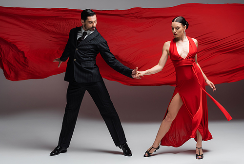 Professional ballroom dancers holding hands on grey background with red fabric