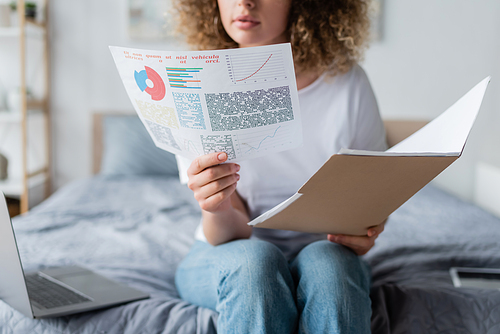 partial view of woman with infographics and folder near blurred laptop on bed