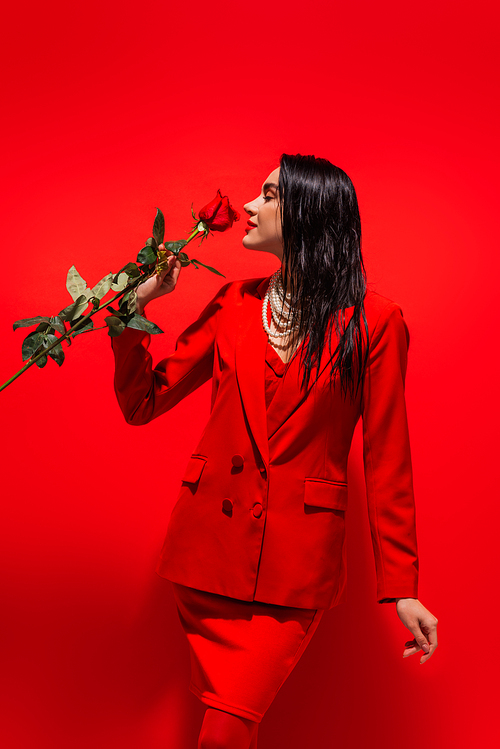 Side view of brunette woman in jacket and necklace smelling rose on red background