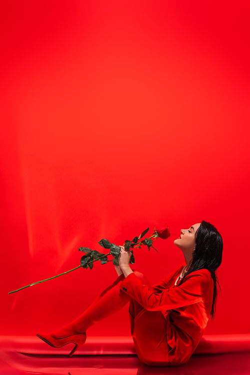 Side view of elegant woman in heels holding rose on red background with copy space