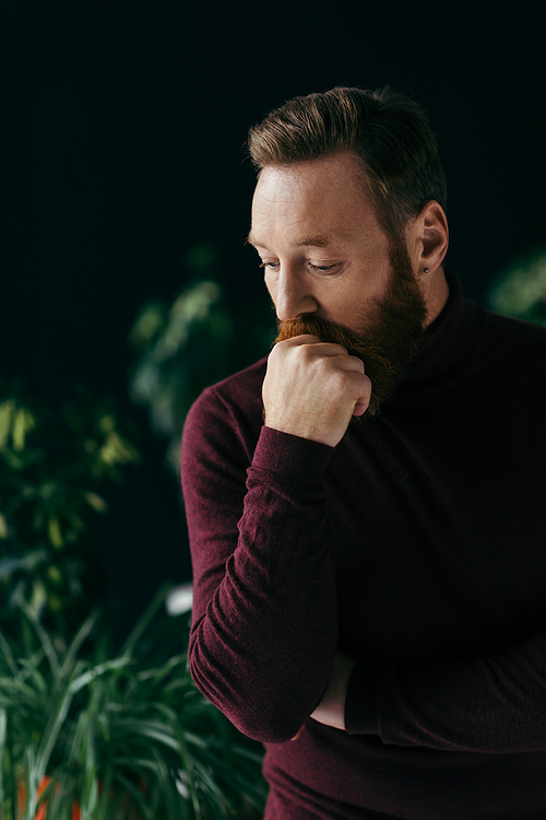 Pensive bearded man in jumper looking away near blurred plants isolated on black