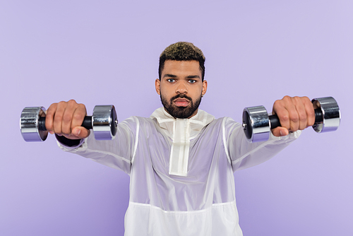 bearded african american man exercising with dumbbells isolated on purple