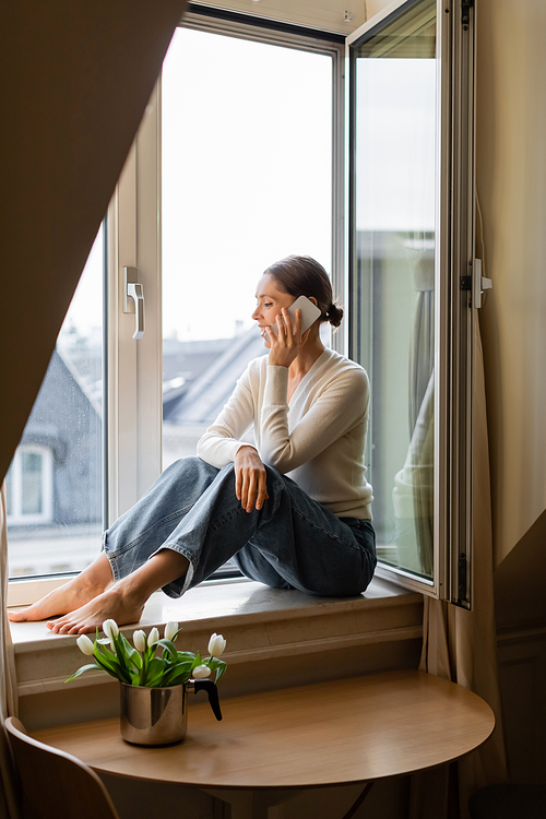 full length of barefoot woman in jeans talking on cellphone on windowsill near tulips