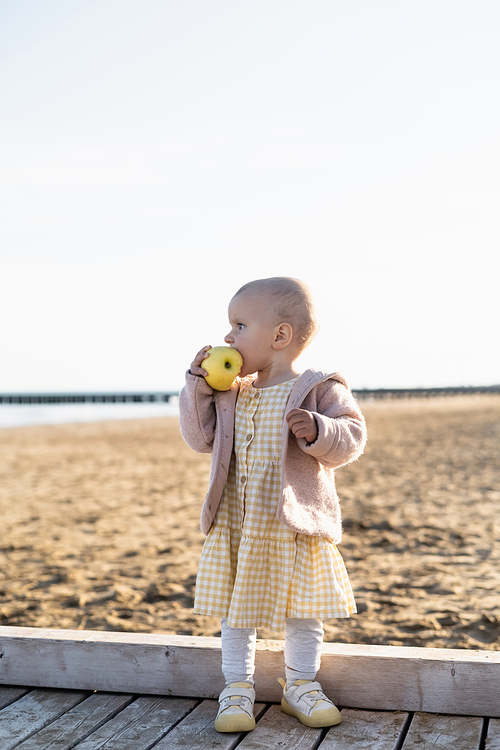 Side view of baby holding ripe apple on beach in Italy